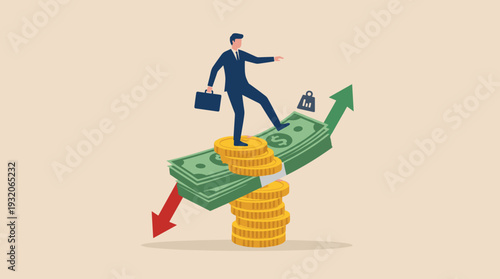 Businessman balancing on a stack of banknotes and gold coins shaped like a seesaw with upward green and downward red arrows, representing financial risk, economic stability, and investment.