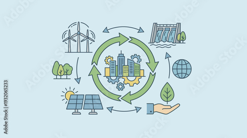 Green Energy Concept for Sustainable Economic Growth with Renewable Resources and Circular Economy Illustration featuring Solar Panels, Wind Turbines, Hydroelectric Dam, and Eco-Friendly Urban City