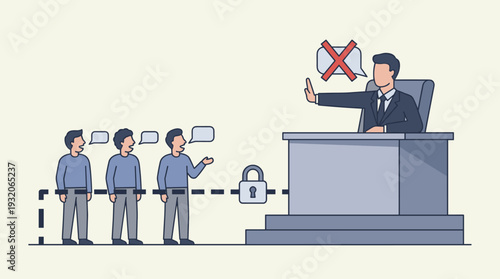 Censorship and Freedom of Speech Concept with Authority Figure Silencing People, Workplace Hierarchy Boundary, Inequality in Communication, Social Issues Illustration of Silencing Dissenting Voice