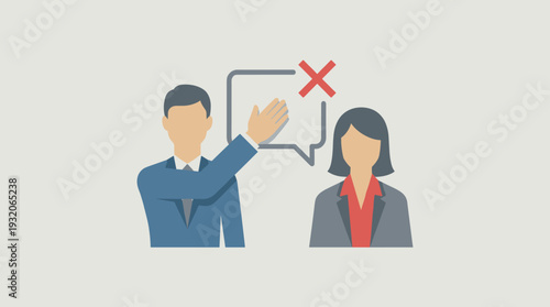 Businessman Censoring Businesswoman Speech Bubble with Red Cross, Freedom of Speech Concept, Workplace Communication Conflict, Suppression of Ideas and Voice, Simple Flat Vector Illustration.