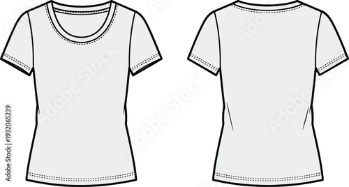 Technical flat sketch of fitted short-sleeve t-shirt front and back views, fashion garment illustration with round neckline, tailored waist, apparel construction drawing for clothing design.