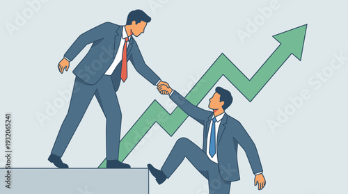 Businessman Giving a Helping Hand to Coworker Representing Support and Mentorship in Business. Leadership Concept with Green Growth Arrow Background for Teamwork, Success, and Partnership.