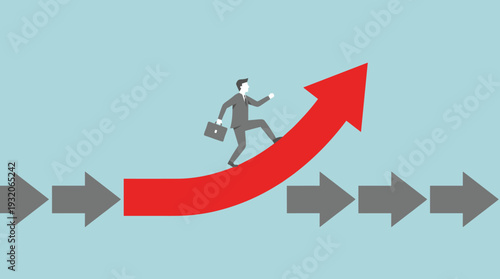 Businessman in a suit with a briefcase walking up a rising red arrow that breaks away from a line of horizontal grey arrows, symbolizing business growth, success, leadership, and innovation.