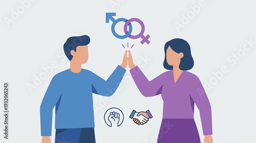 Man and Woman Giving High Five for Gender Equality and Empowerment, Interlocked Male and Female Symbols with Handshake and Fist Icons Representing Social Justice, Diversity, and Inclusion Concept