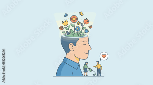 Mental Health and Self Care Concept Illustration with a Man's Head as a Garden of Blooming Flowers, Symbolizing Positive Thinking, Emotional Growth, Mindfulness, and Psychological Well-being