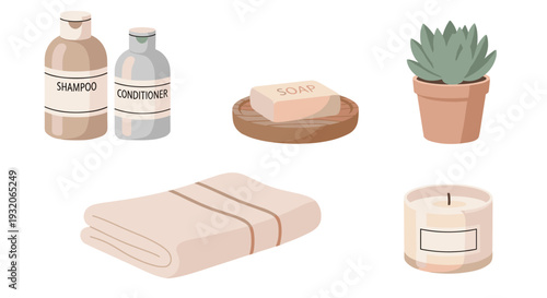 Bathroom essentials and self-care items including shampoo, conditioner, soap, a towel, a succulent plant, and a scented candle, arranged neatly.