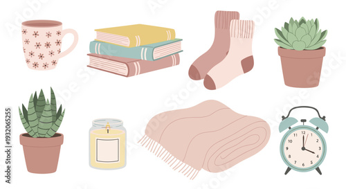 Delightful collection of cozy home items for a comfortable lifestyle, including books, a mug, socks, plants, a candle, and a blanket.