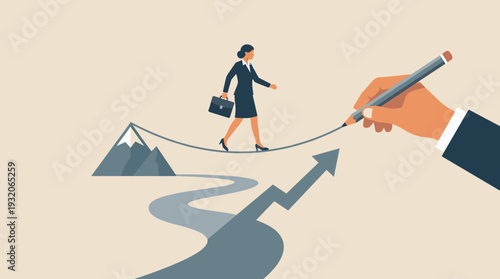 Businesswoman walking on a tightrope drawn by a giant hand towards a mountain peak, representing business risk, challenge, career growth, and the pathway to success with a rising arrow symbol.