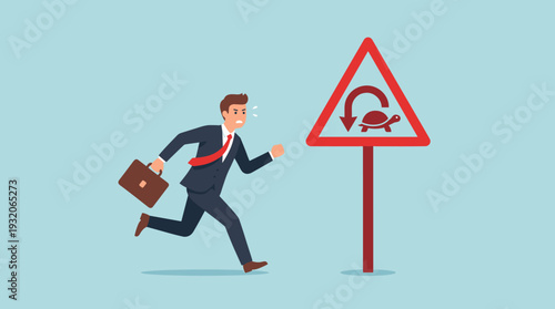 Stressed Businessman Running Fast Towards a Warning Sign with a Turtle and U-turn Arrow, Concept of Work-Life Balance, Burnout Prevention, and Slowing Down in a Fast-Paced Corporate Environment.
