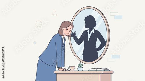 Sad Businesswoman Looking in Mirror at Confident Silhouette Reflection Giving Thumbs Up, Concept of Self-Esteem, Inner Strength, Mental Health, Overcoming Doubt and Building Self-Confidence