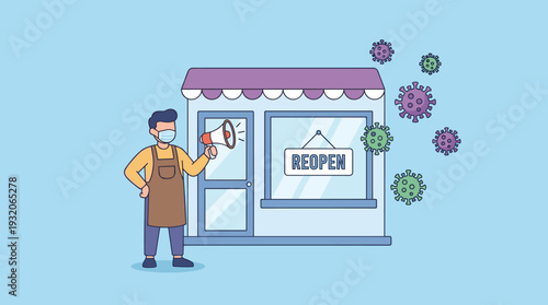 Shop owner wearing a protective face mask holding a megaphone in front of a store with a reopen sign while virus pathogens float nearby, representing business reopening after pandemic lockdown.