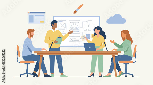 Creative Team of Web Designers Working in a Studio, Collaborating on UI/UX Project with Laptops and Whiteboard, Brainstorming New Website Wireframes and User Interface Design Process Illustration