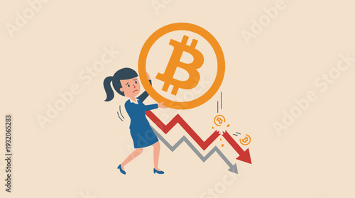 Businesswoman Struggling to Hold Up a Giant Bitcoin Coin During a Market Crash, Illustrating Cryptocurrency Price Drop, Financial Loss, and Investment Risk in a Volatile Digital Asset Market