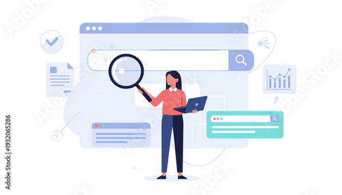 Woman searching for information online with a magnifying glass and laptop, web search engine optimization concept, data analysis and internet browsing vector illustration for business marketing.