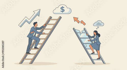 Conceptual vector illustration of gender discrimination and social inequality in the workplace showing unequal career opportunities between men and women with a broken glass ceiling ladder.