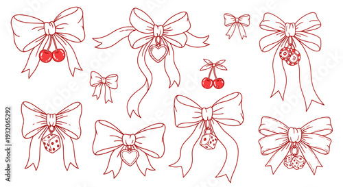 Collection of hand drawn red outline bows with various charms like cherries, hearts, dice, and casino chips, perfect for playful design elements.