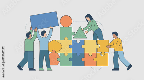 Diverse Team Working Together to Build a Structure with Puzzle Pieces and Geometric Shapes, Concept of Cooperation, Business Strategy, Synergy, and Problem Solving in a Flat Vector Style.