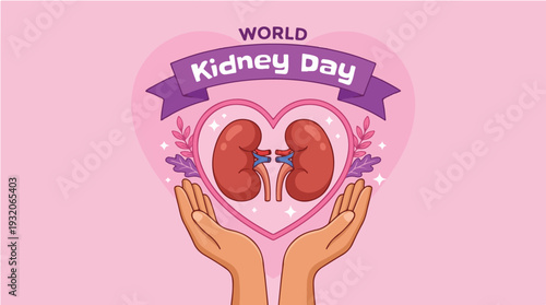 Illustration of hands holding a pink heart with kidneys and purple ribbon on World Kidney Day against a pink background
