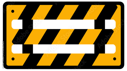 A construction hazard sign with black and yellow stripes, two white openings, and rounded corners