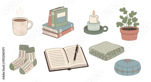 Comfortable lifestyle objects arranged for a cozy and relaxing atmosphere, including books, a warm beverage, and soft furnishings.