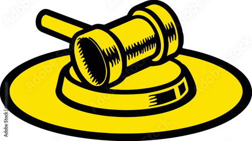 A yellow and black illustration of a gavel and its base. Simple design