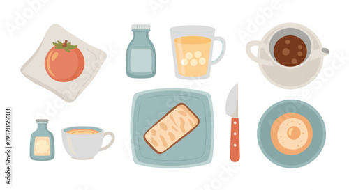 Various breakfast food items and drinks are depicted in a colorful and simple flat design style, perfect for a morning meal concept.