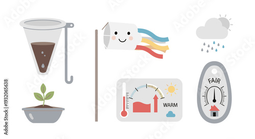 Weather instruments and meteorological tools are depicted in a charming collection of flat design icons illustrating various climate conditions and measurements.