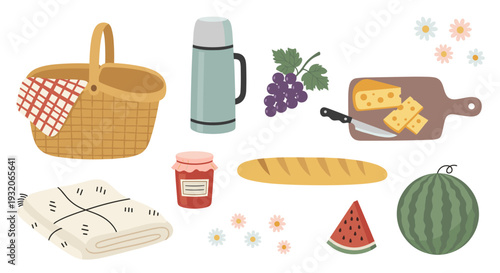 Picnic essentials for a delightful outdoor meal are scattered, including a basket, blanket, fruits, cheese, and bread, ready for a relaxing day.