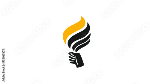 A stylized torch held in a hand, featuring yellow flame and black details, set on white background