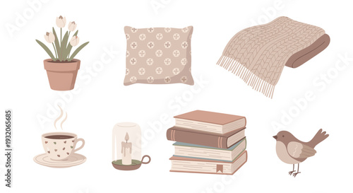 Comfortable lifestyle objects set showcasing various cozy household items including a potted plant, knitted blanket, steaming mug, and books for a relaxing atmosphere.