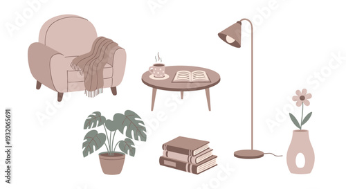Cozy home interior items collection featuring an armchair, coffee table, lamp, and books, creating a comfortable and inviting atmosphere for relaxation.