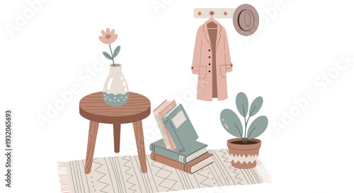 Cozy home interior illustration with various decorative elements like a flower vase, stacked books, a potted plant, and a coat rack creating a warm and inviting atmosphere.