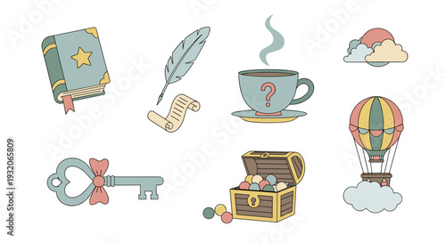 Delightful hand-drawn adventure and storytelling icons featuring a magical book, quill, treasure chest, hot air balloon, and key for creative projects.