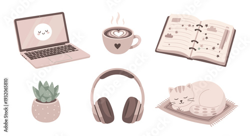 Cozy work from home essentials collection illustration featuring a laptop, coffee, planner, headphones, succulent, and a sleeping cat, perfect for a relaxed lifestyle.