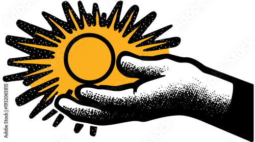 A hand reaching for and holding a radiating sun, with stark black outlines and a textured effect