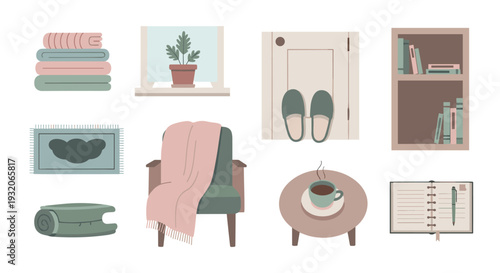 Cozy home items collection for comfortable living space, featuring various elements that evoke a sense of warmth, relaxation, and domestic comfort.