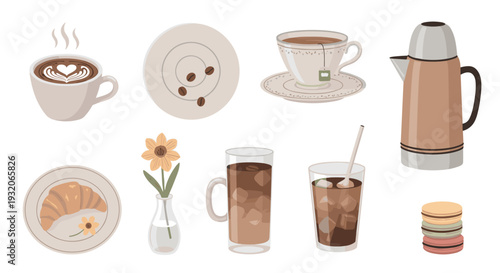 Various coffee, tea, and breakfast elements are beautifully illustrated in a charming collection of hot and cold beverages, pastries, and sweets.