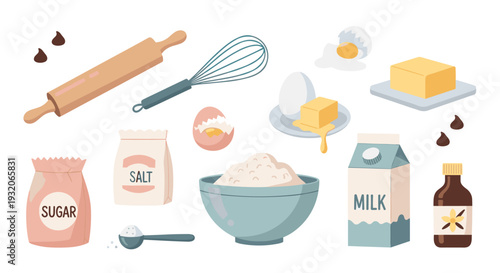 Baking ingredients and tools collection for delicious homemade treats, featuring essential items like flour, sugar, eggs, milk, and butter.