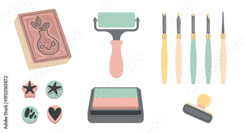 Crafting tools for block printing and stamping are neatly arranged, showcasing various items like carving tools, rubber stamps, a brayer, and an ink pad.