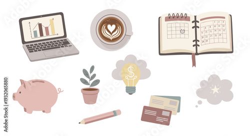 Collection of business and finance related items, including a laptop, coffee, calendar, piggy bank, and credit cards, representing modern work and financial planning.