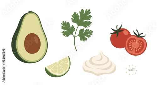 Avocado, tomato, cilantro, lime, salt, and cream are essential ingredients for preparing fresh and healthy dishes, perfect for a balanced diet.