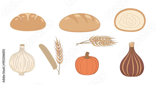 Collection of bakery products, wheat, and garden vegetables forming a healthy food group illustration for cooking, farming, and nutrition concepts.