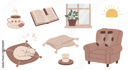 Cozy home comfort items illustration set featuring a sleeping cat, open book, warm tea cup, potted plant, and cozy armchair with socks.
