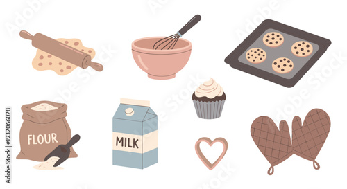 Baking ingredients and tools collection featuring flour, milk, dough, and various kitchen utensils for preparing delicious homemade desserts and pastries.