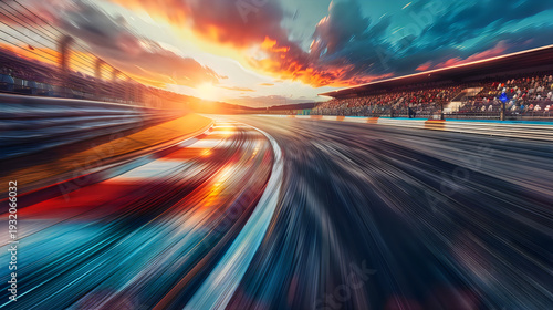 Race track curve at fiery sunset with orange light trails and crowd.