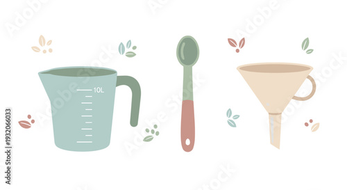 Measuring cup, spoon, and funnel are essential kitchen tools for cooking and baking, presented in a charming flat illustration style with pastel colors.