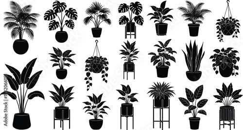 Black silhouette vector illustration of diverse potted houseplants, indoor plant icons, decorative foliage, botanical design, modern home decor, gardening, nature art