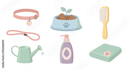 Pet care accessories and grooming supplies are neatly arranged, showcasing essential items for animal well-being and hygiene in a charming illustration.