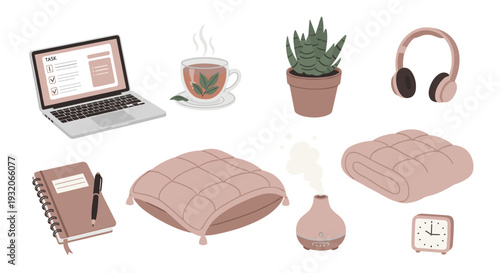 Cozy home office essentials for comfortable productivity and relaxation, including a laptop, tea, plant, headphones, notebook, pillow, diffuser, blanket, and clock.