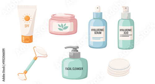 Various skincare products and beauty essentials for daily facial routine, promoting healthy skin, hydration, and comprehensive self-care practices.